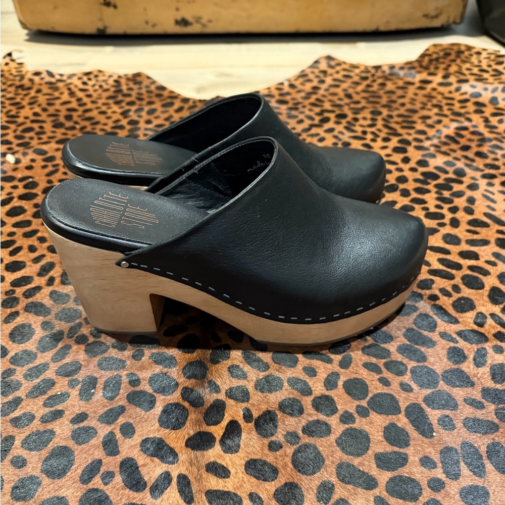 Charlotte Stone Black Leather Clog Mules with Natural Wood Heel